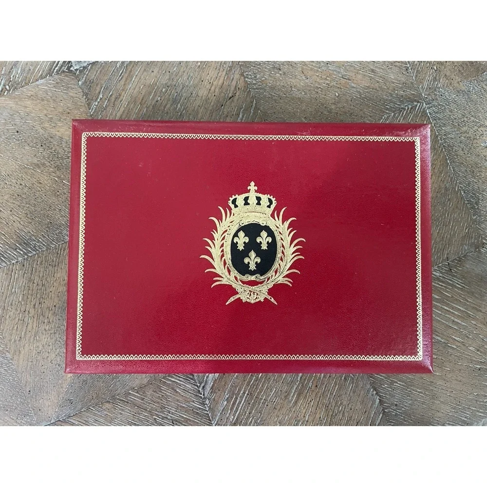 Vtg Red Leather Swank Men's Valet Cufflink Jewelry Box Sweden Fleur de Lis Crest